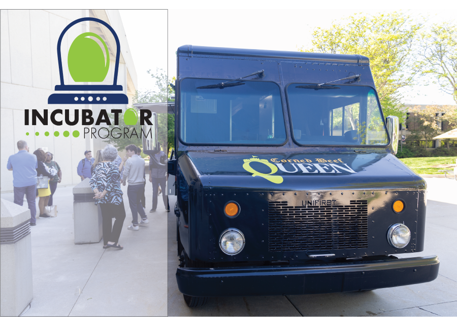 A photo of the Corned Beef Queen food truck overlaid with the Start-up Incubator logo.